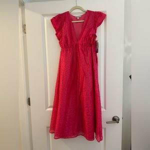 Ruffled pink, deep v neck midi dress